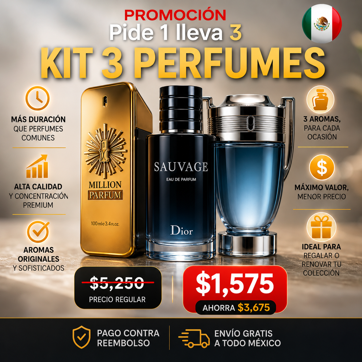 Pide 1 y Llévate 3 – Kit de Perfumes para Hombre 100ml (One Million, Sauvage y Invictus) - Originales