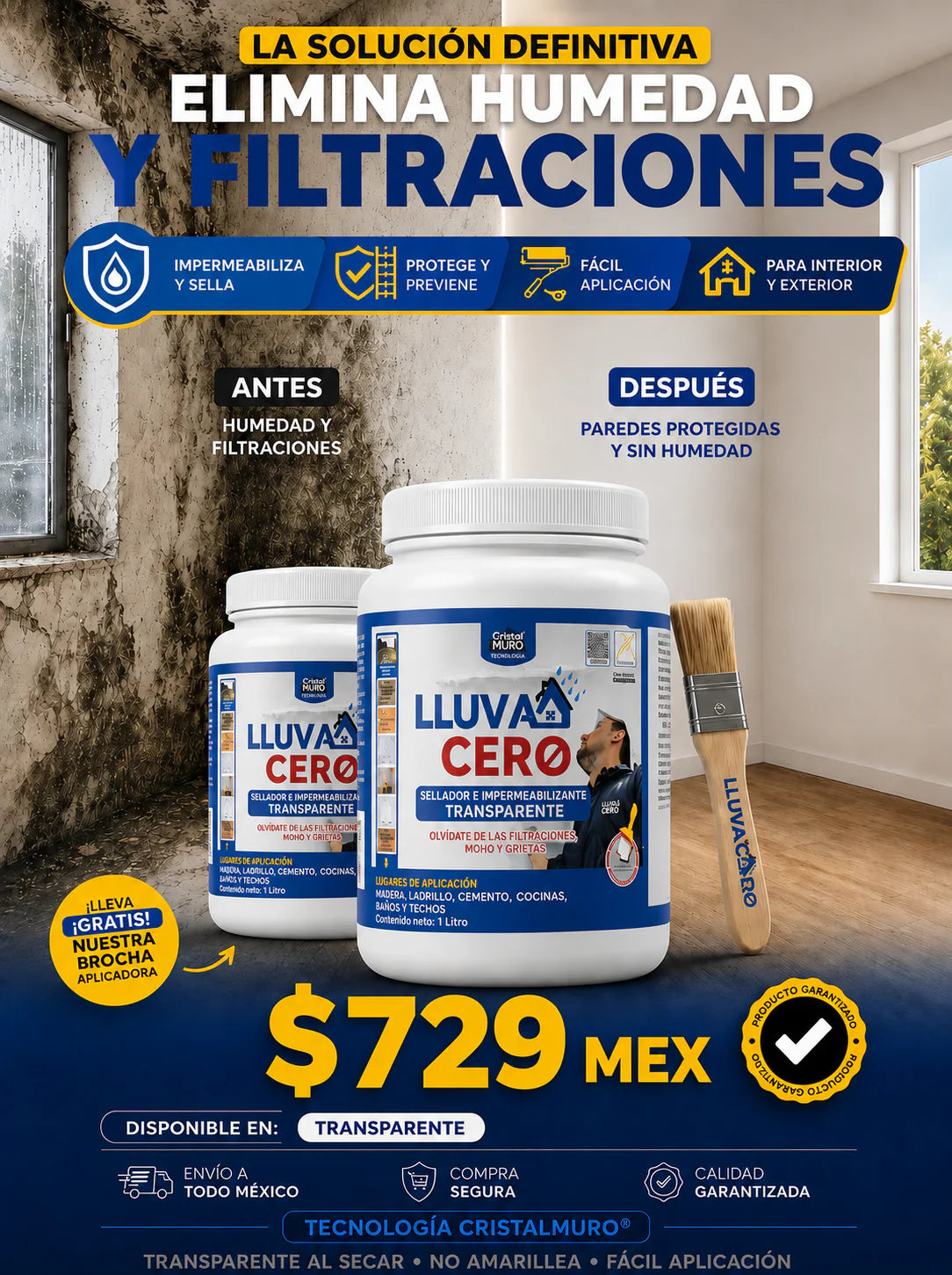 Lluvia Cero 2x1: Impermeabilizante Sellador + Brocha Aplicadora + Cinta TapaGoteras