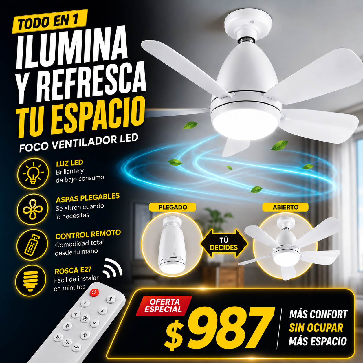 Ventilador de Bombillo LED con 5 Aspas Retráctiles + Control Remoto